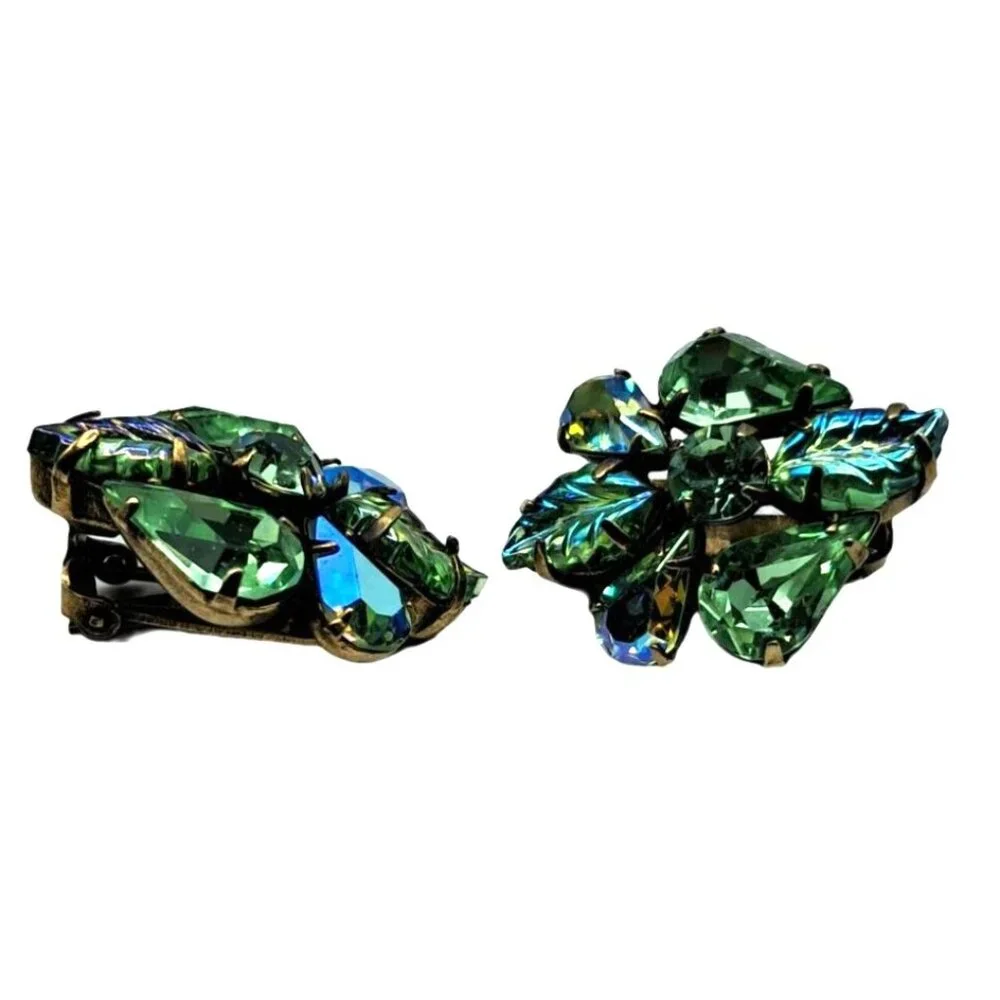 Regency Green Rhinestone Earrings Molded Glass Leaves UG UV Glow Vintage Costume